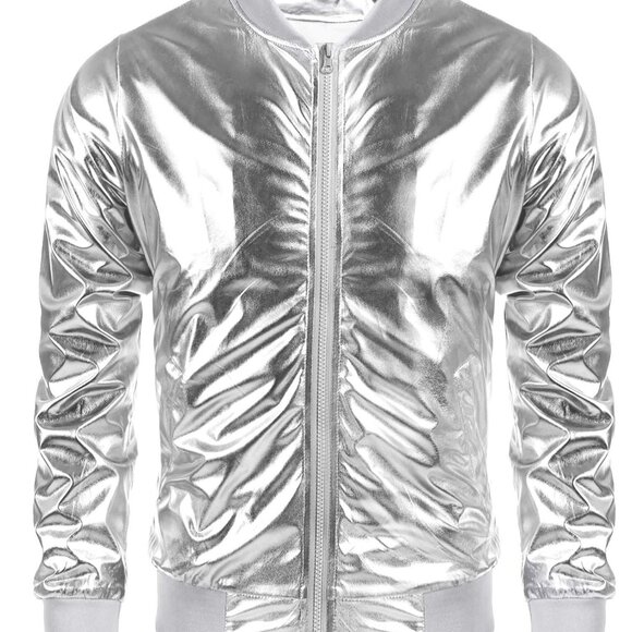 Metallic Varsity Bomber Jacket Retro Disco Party Shiny Slim Fit Y2K